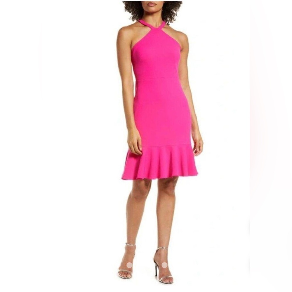 Vince Camuto Halter Neck Flounce Hem Midi Dress Hot Pink Size‎ 4